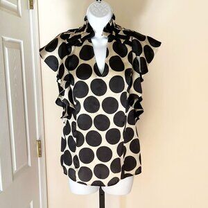 Silk-feel Retro Polka Dot V-neck Collared Vintage Retro Blouse Gold/Black Size M